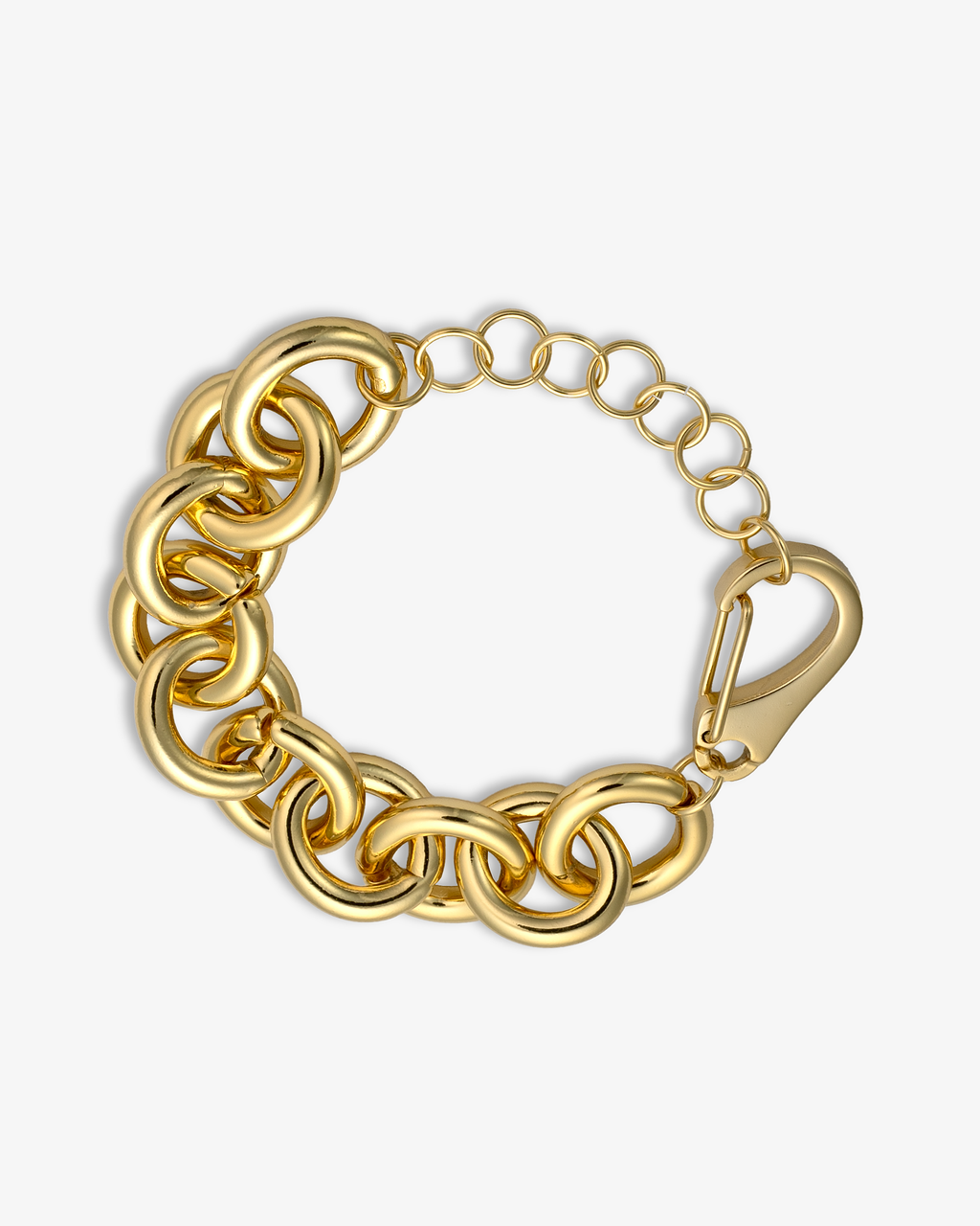 Chunky gold chain bracelet with oversized interlocking round links and lobster clasp