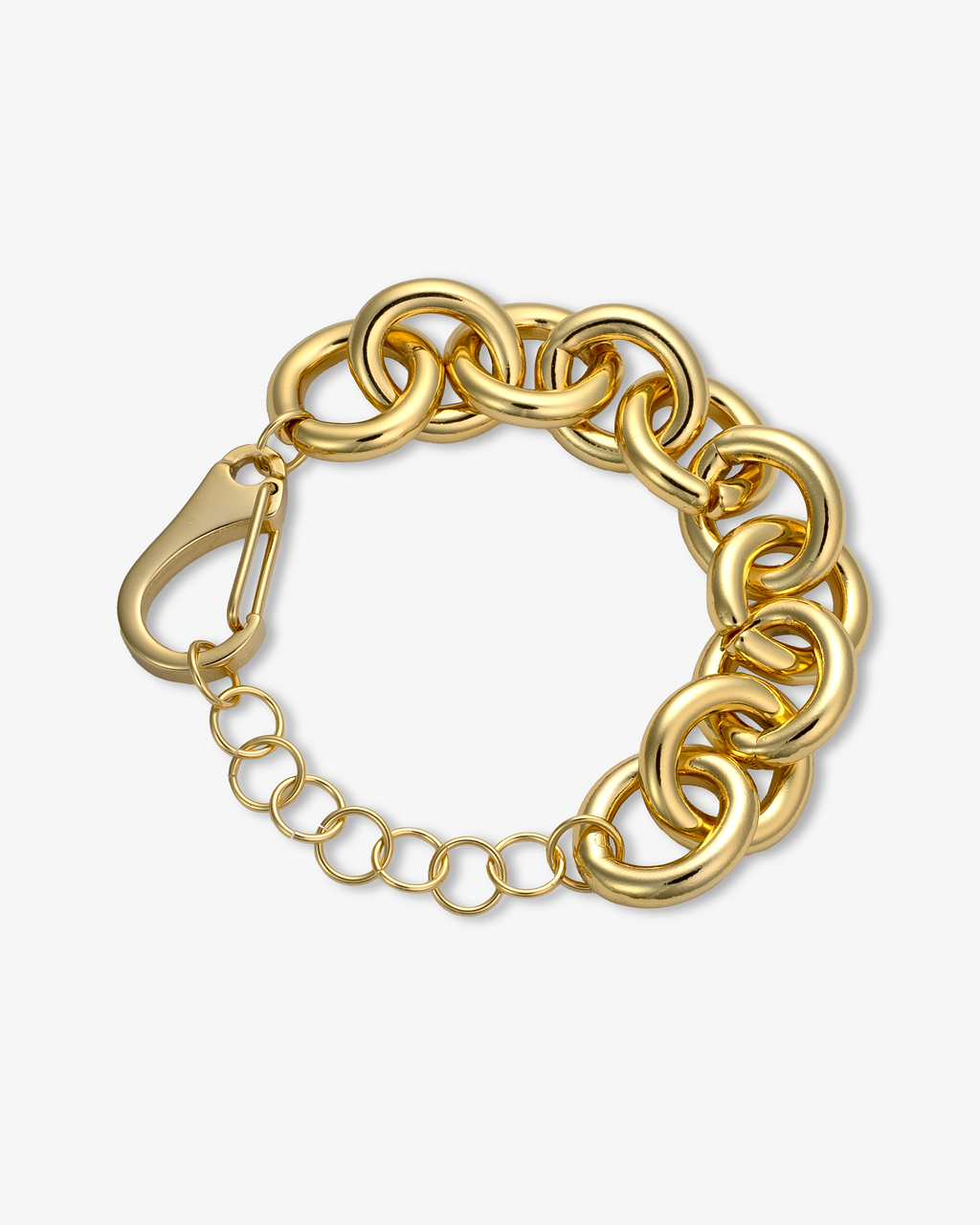 Chunky gold chain bracelet with oversized interlocking round links and lobster clasp