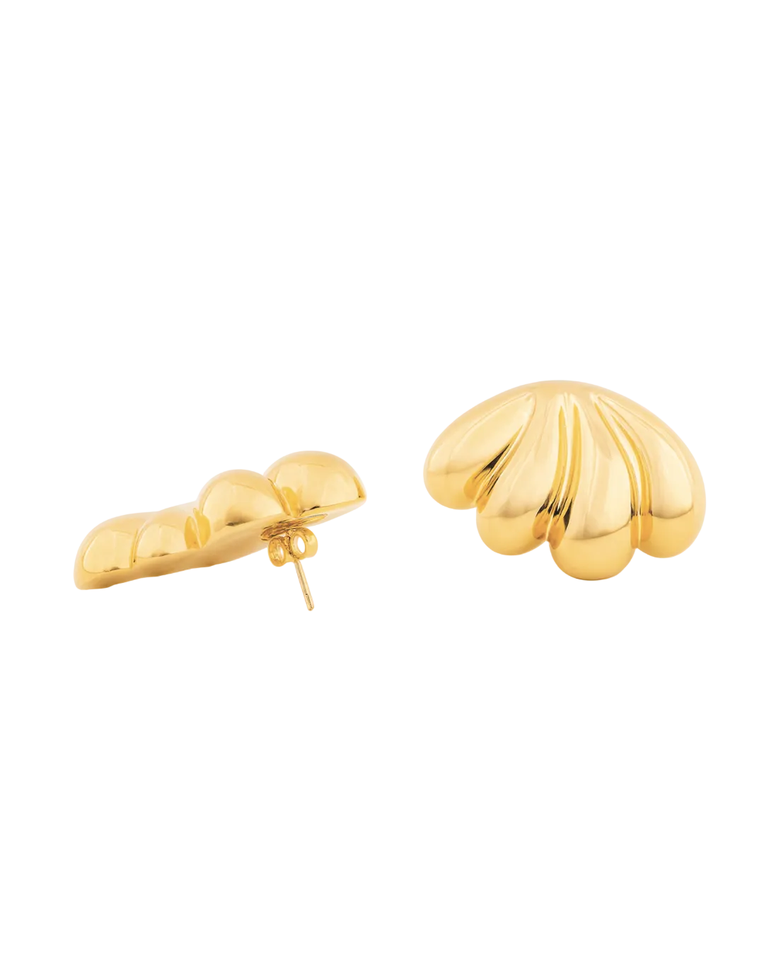 Gold plated fan-shaped earrings with layered radiating design and polished finish, 46mm by 30mm