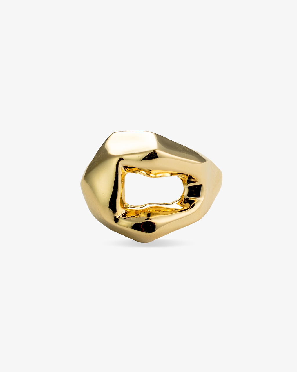 Gold chunky geometric faceted ring, alone product shot from a top-down angle.