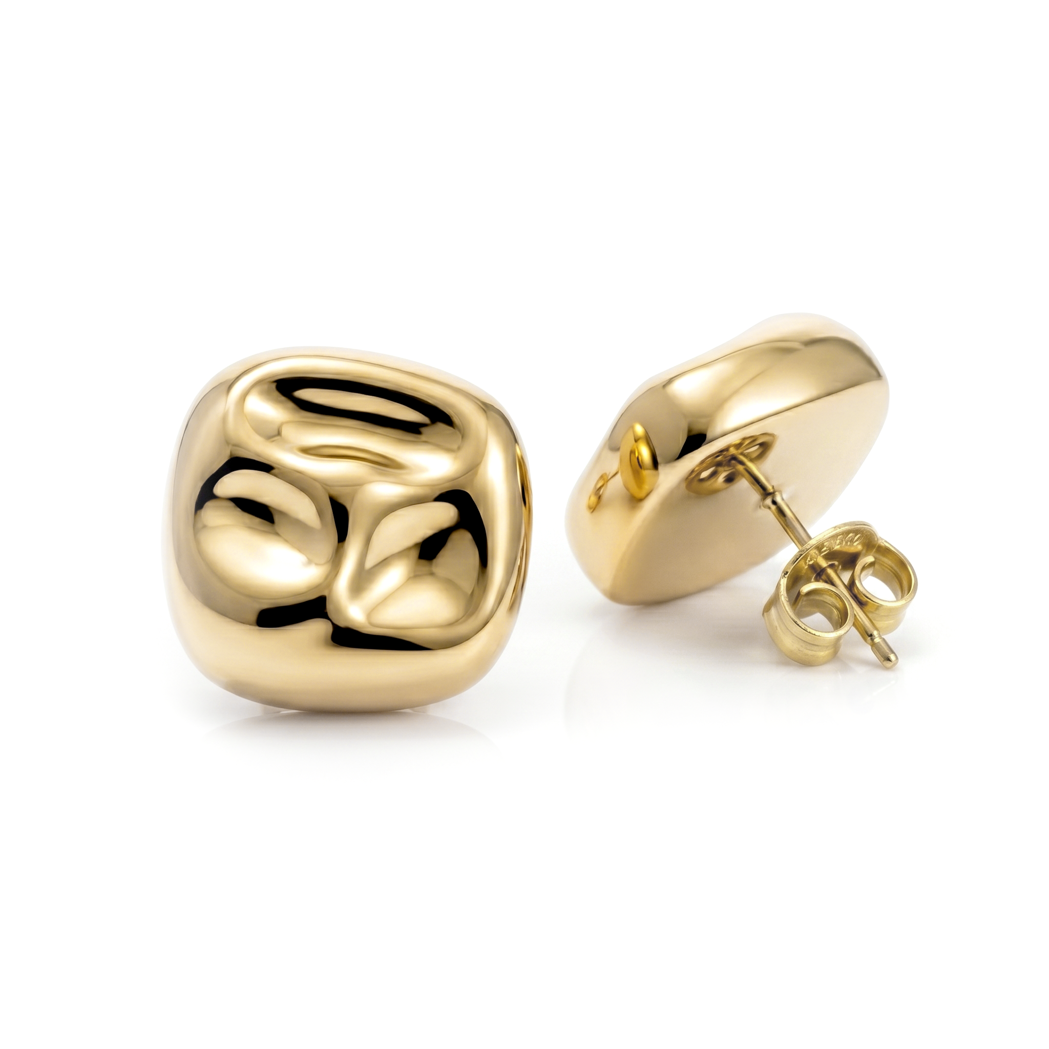 Square hammered earrings available in gold plated and rhodium plated finishes with geometric sculptural design