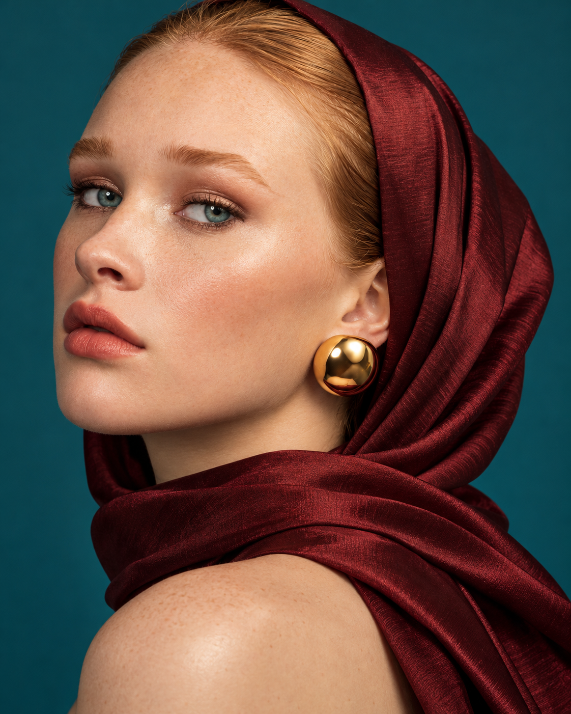 a model earing a Rounded dome gold statement earrings