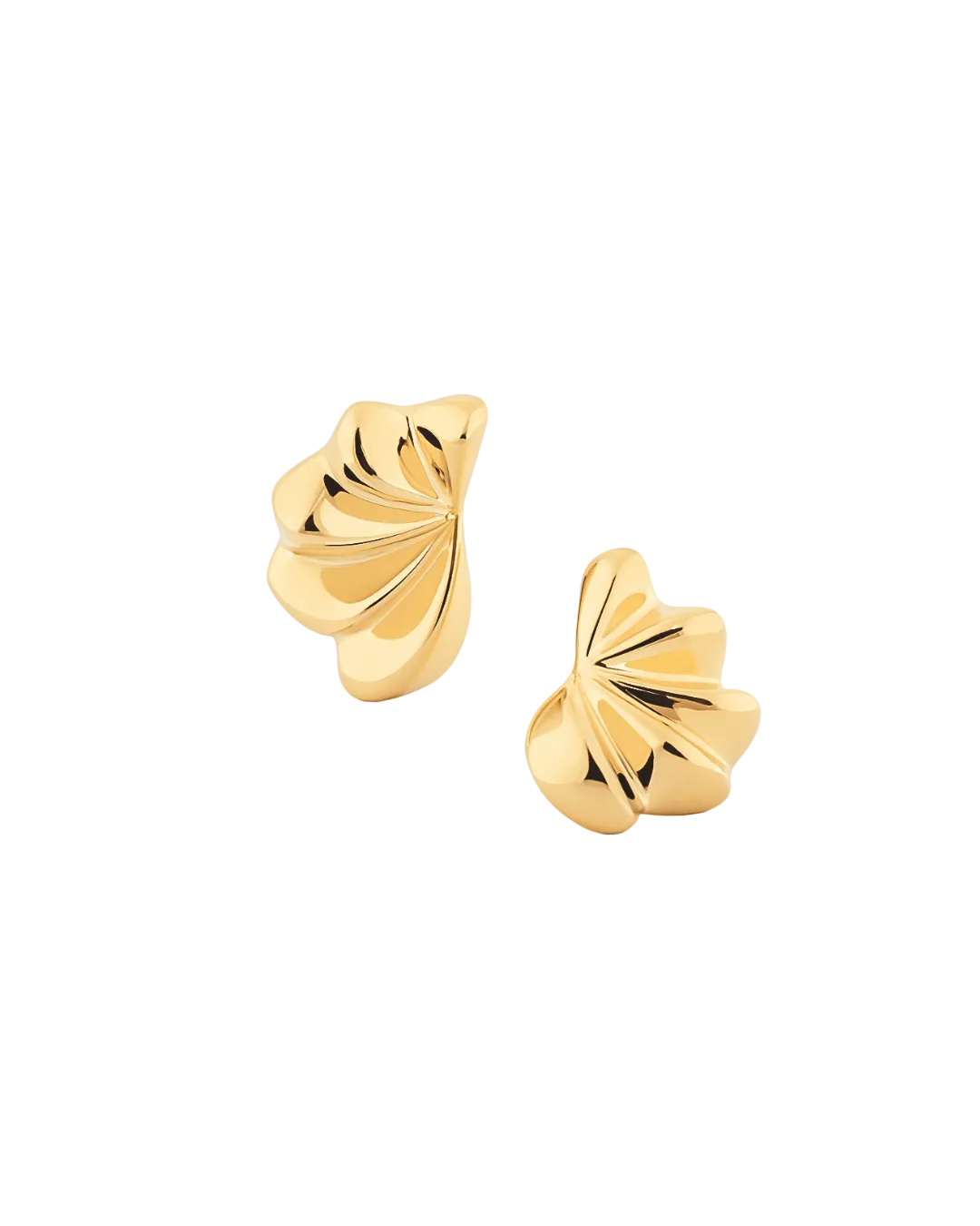 Gold plated fan-shaped sculptural earrings with layered radiating design and polished finish