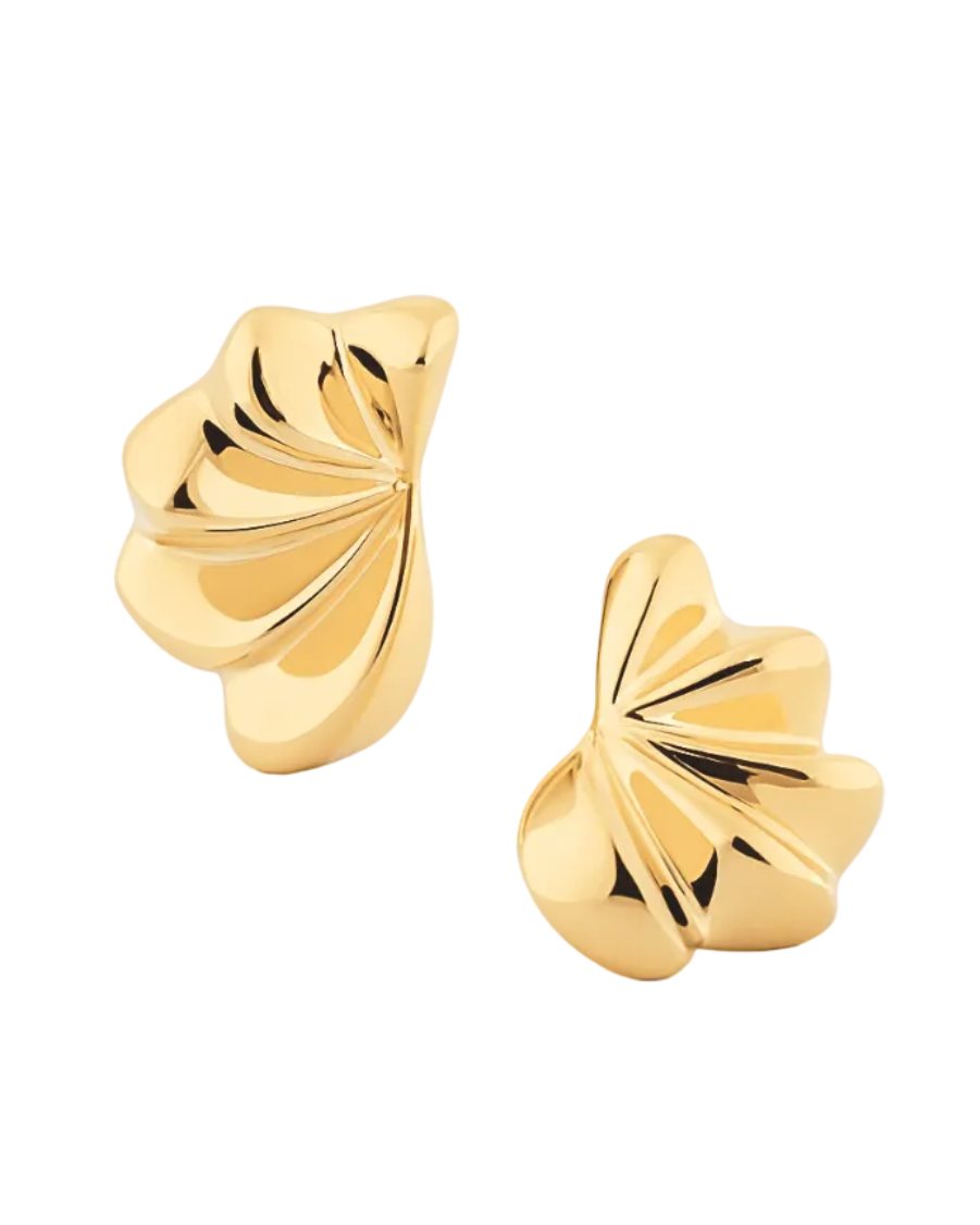 Gold plated fan-shaped sculptural earrings with layered radiating design and polished finish