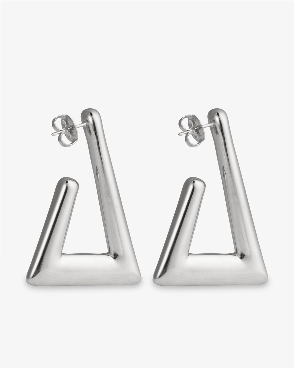 Geometric triangle silver hoop earrings front view with post back