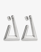 Geometric triangle silver hoop earrings front view with post back