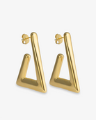 Open triangle gold statement earrings angled side view