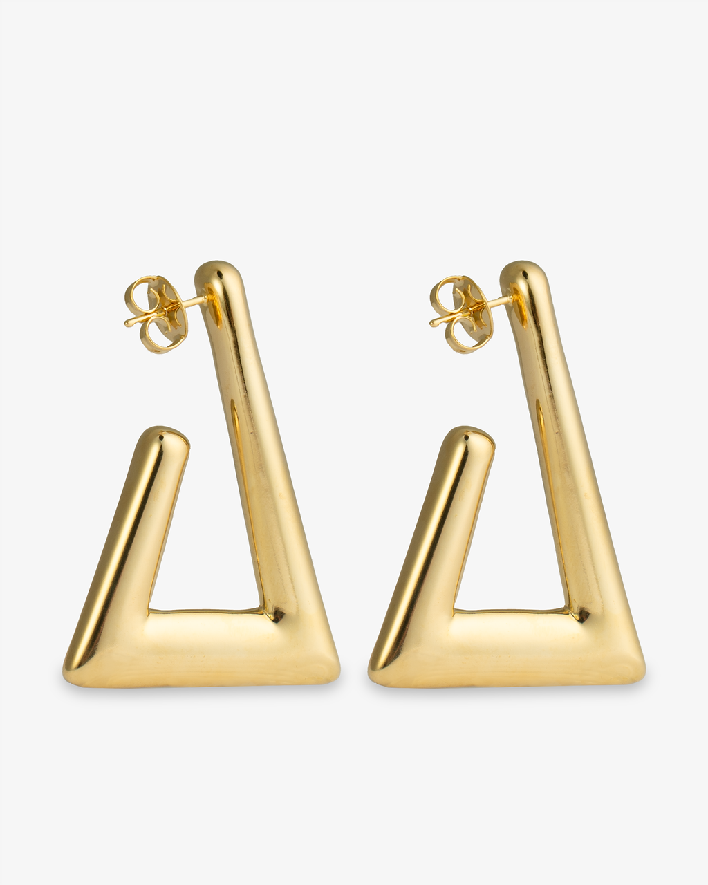 Geometric triangle gold hoop earrings front view with post back