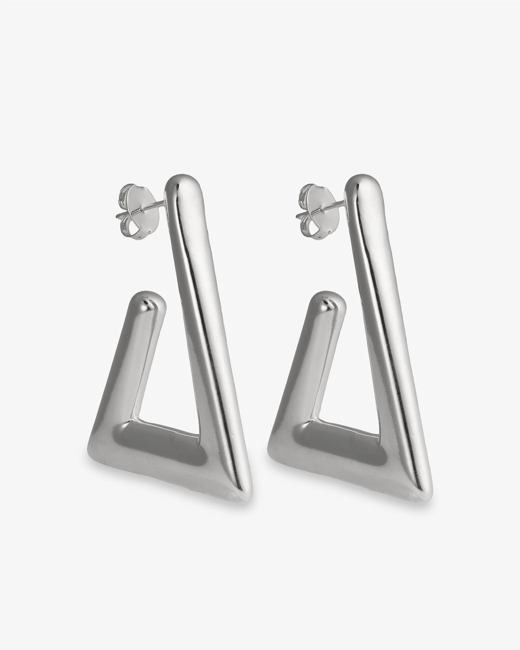 Open triangle silver statement earrings angled side view