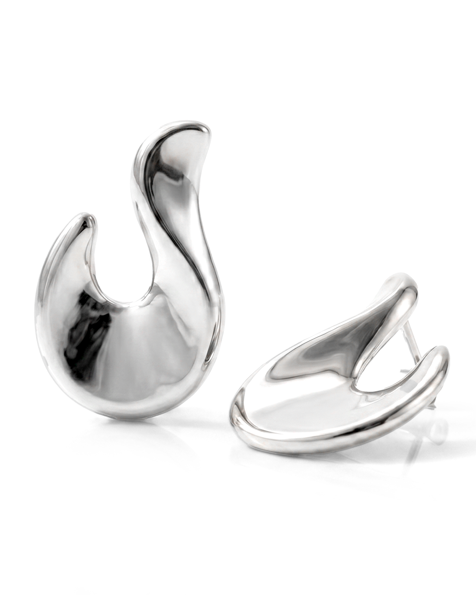 Abstract hook earrings available in gold plated and rhodium plated finishes with sculptural curved design