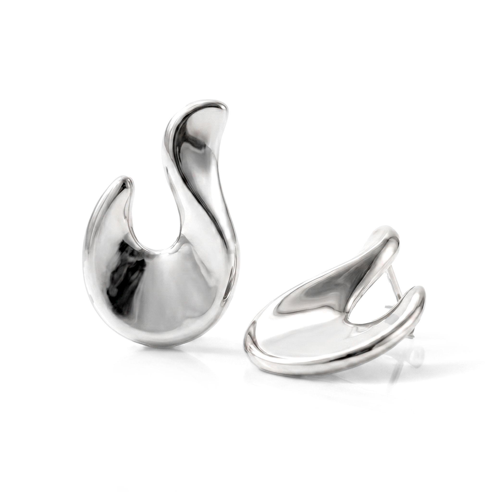 Abstract hook earrings available in gold plated and rhodium plated finishes with sculptural curved design
