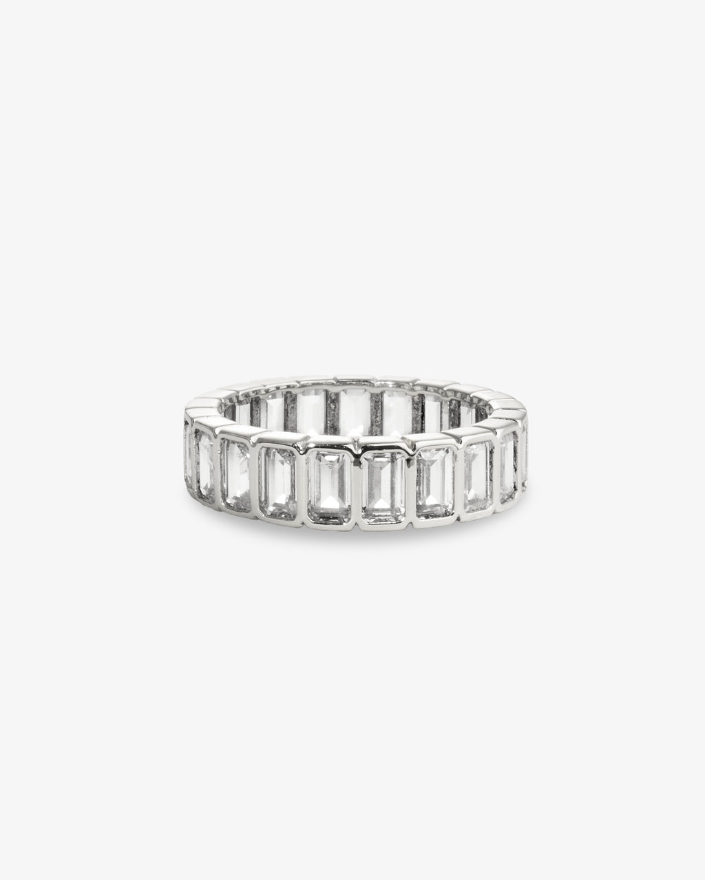 Silver baguette simulated diamond eternity ring with an open cage-style band, alone product shot on a plain background.